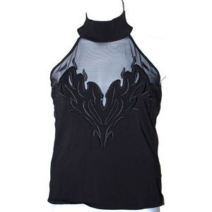 Cache Tops - Cache Fire Beaded Mesh Mock Neck Halter Tank Top Cache Tops - Cache Fire Beaded Mesh Mock Neck Halter Tank Top